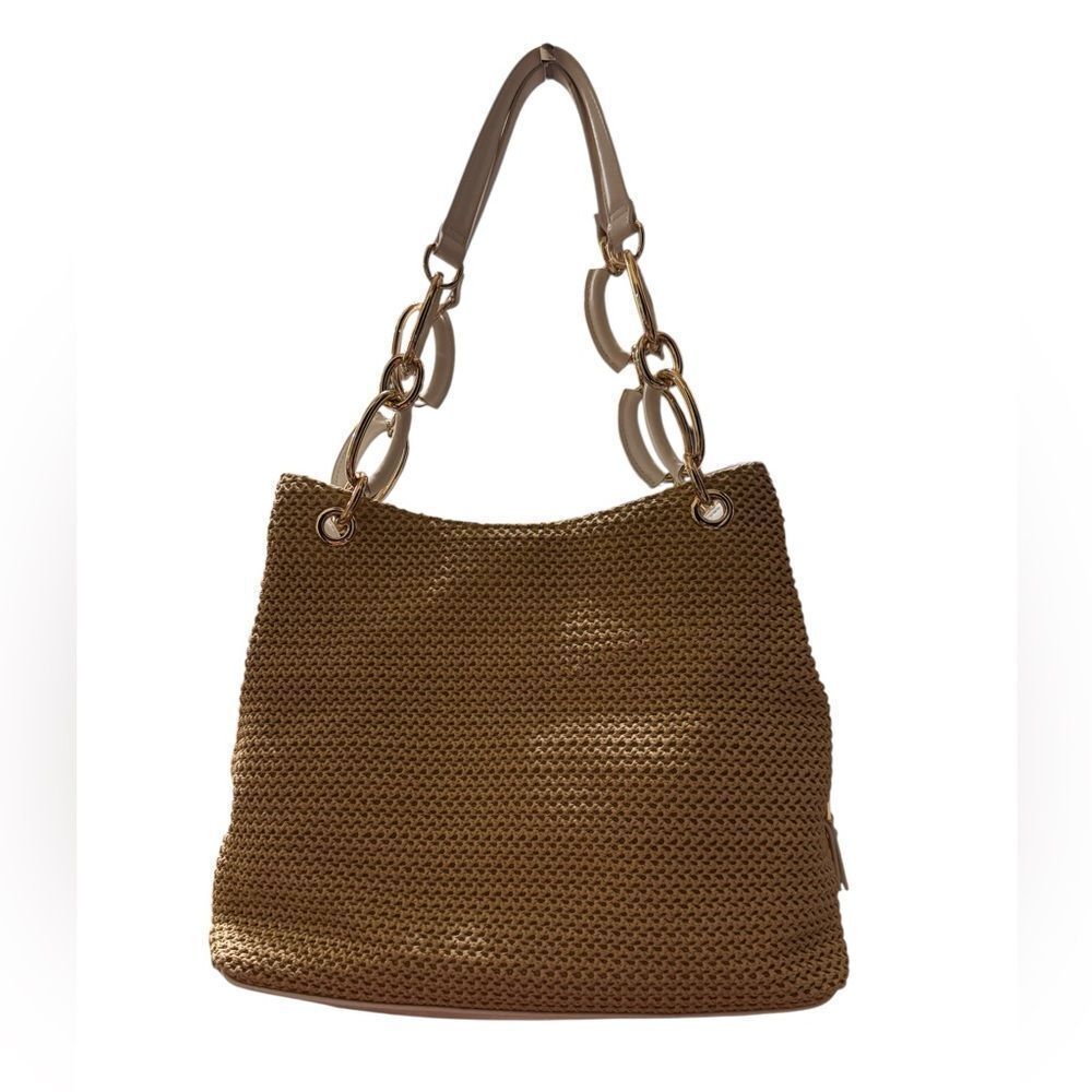 INC International Concepts Tripii Straw Beige and White Zippered Bag